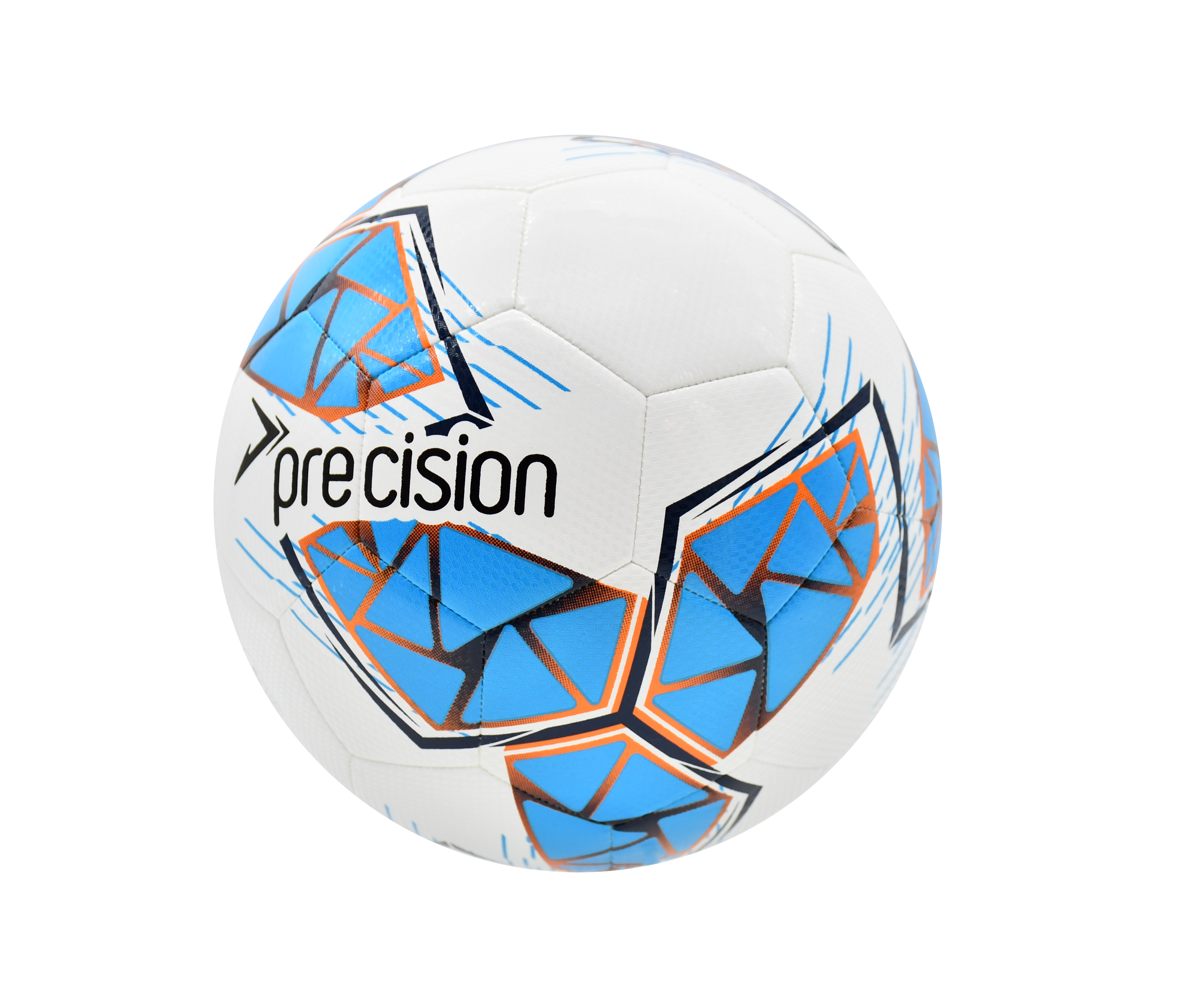 The Precision Fusion FIFA Basic Training Ball by Precision Training features a white textured TPU outer shell with cyan, orange, and grey geometric patterns, and “Precision” branding, set against a plain light background.