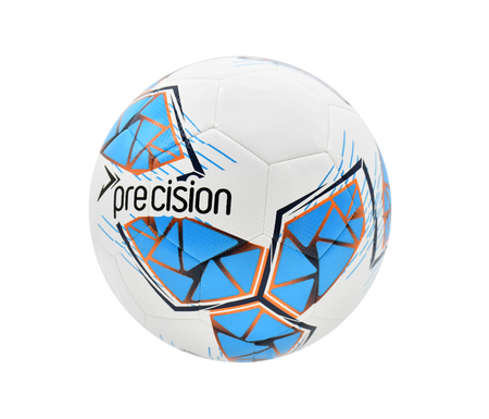The Precision Fusion FIFA Basic Training Ball by Precision Training features a white textured TPU outer shell with cyan, orange, and grey geometric patterns, and “Precision” branding, set against a plain light background.
