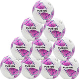 A pyramid of ten Precision Fusion FIFA Basic Training Balls by Precision Training, each in white/pink/purple/grey with geometric patterns and "FUSION" printed in black.