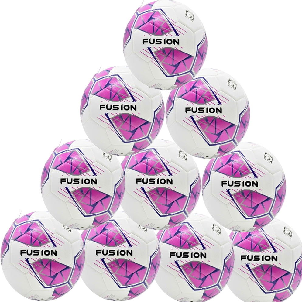 A pyramid of ten Precision Fusion FIFA Basic Training Balls by Precision Training, each in white/pink/purple/grey with geometric patterns and "FUSION" printed in black.