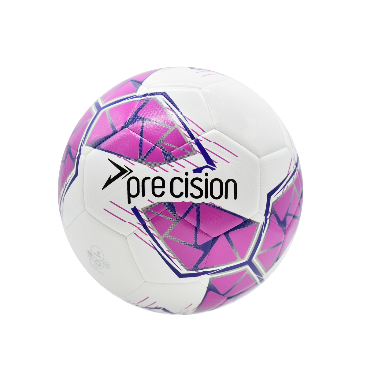 The Precision Fusion FIFA Basic Training Ball by Precision Training features white TPU with purple and pink geometric patterns, "Precision" in black on the front, and is shown against a plain white background.