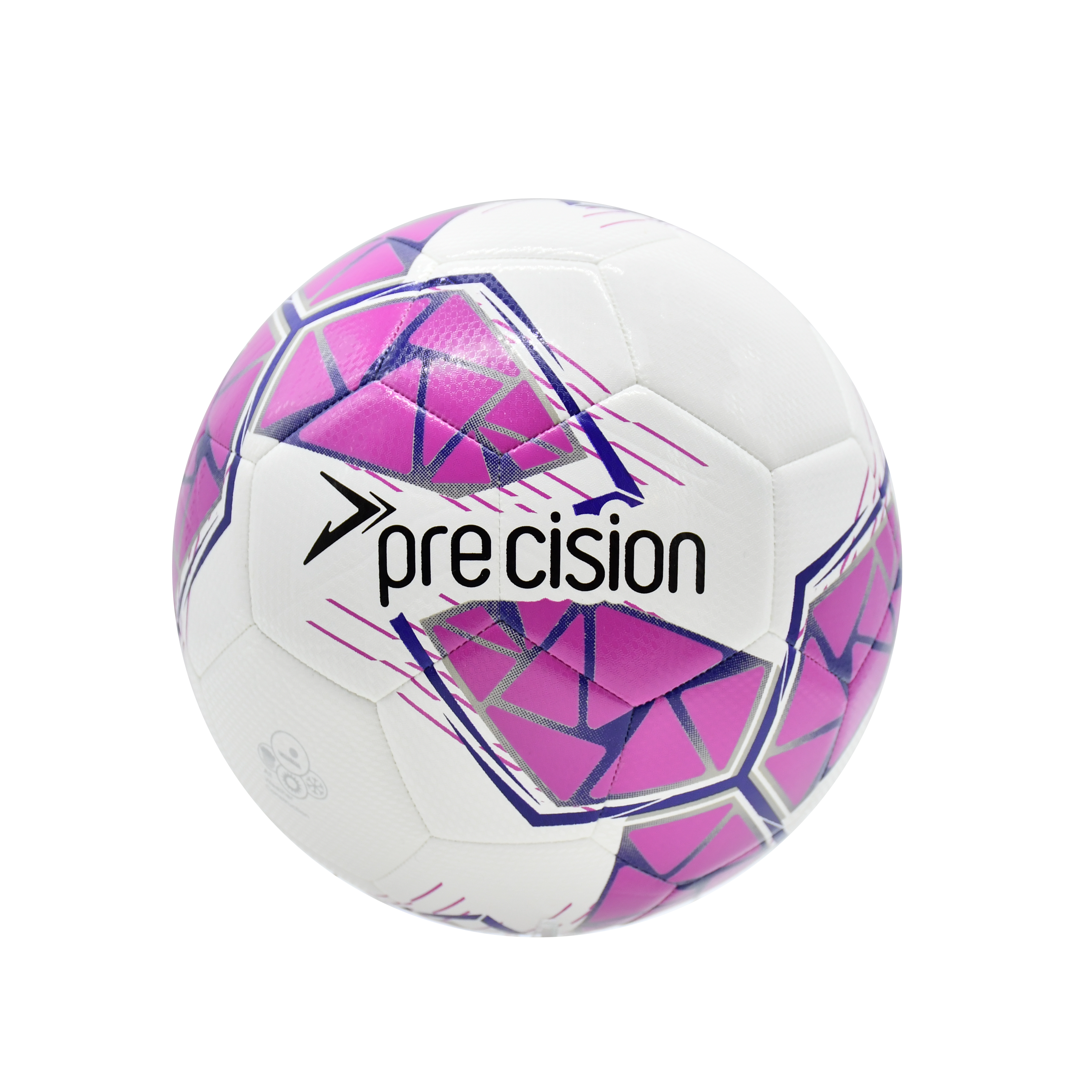 The Precision Fusion FIFA Basic Training Ball by Precision Training features white TPU with purple and pink geometric patterns, "Precision" in black on the front, and is shown against a plain white background.