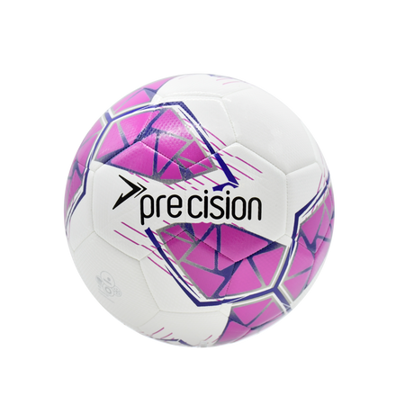 The Precision Fusion FIFA Basic Training Ball by Precision Training features white TPU with purple and pink geometric patterns, "Precision" in black on the front, and is shown against a plain white background.