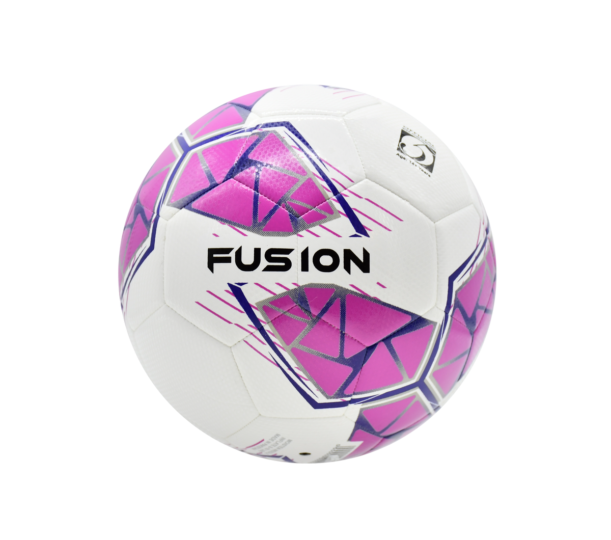 The Precision Fusion FIFA Basic Training Ball by Precision Training is a white ball with geometric purple and pink patterns, featuring "FUSION" in bold black letters, and made with a textured TPU outer shell for durability.