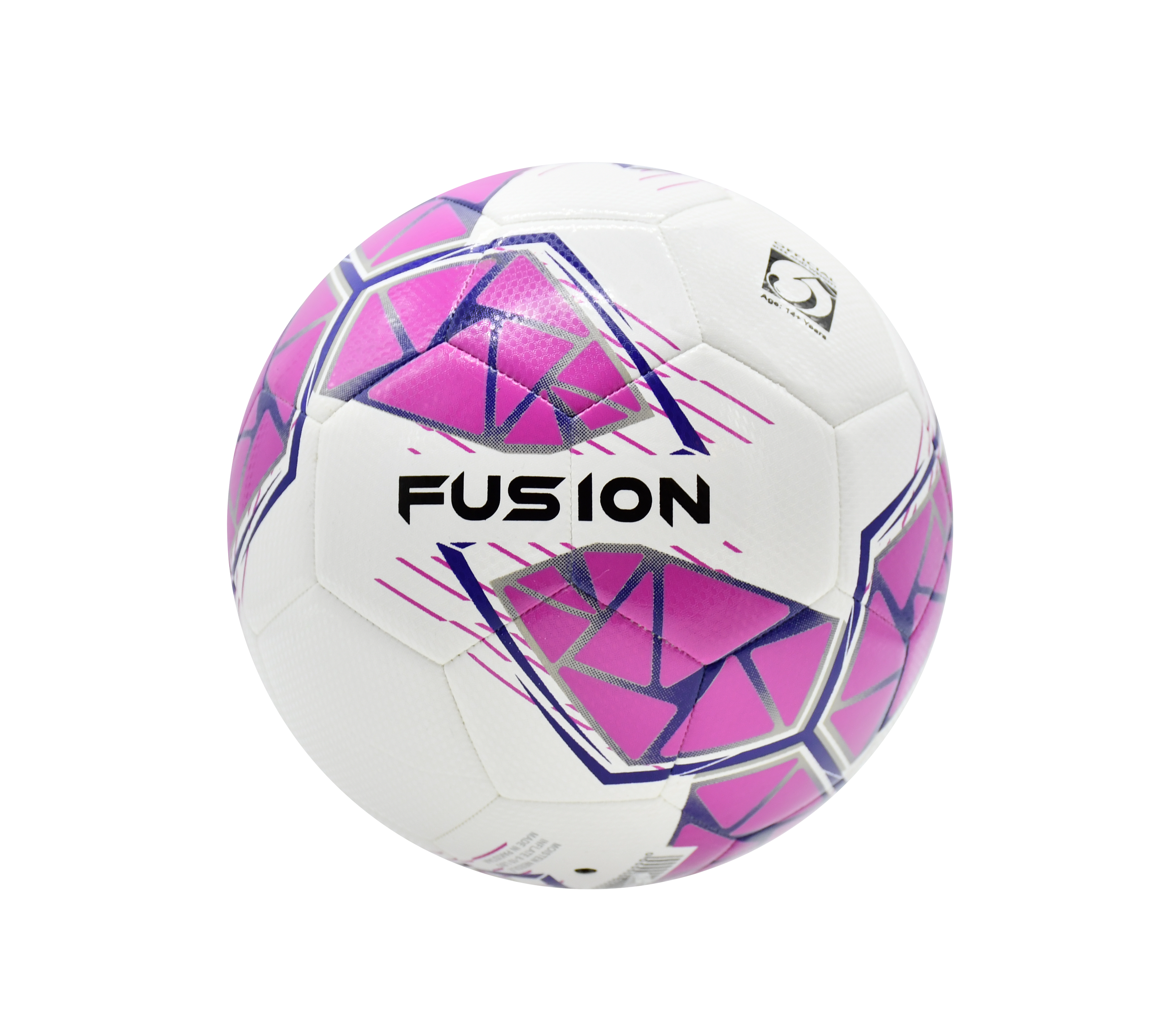 The Precision Fusion FIFA Basic Training Ball by Precision Training is a white ball with geometric purple and pink patterns, featuring "FUSION" in bold black letters, and made with a textured TPU outer shell for durability.