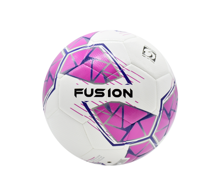 The Precision Fusion FIFA Basic Training Ball by Precision Training is a white ball with geometric purple and pink patterns, featuring "FUSION" in bold black letters, and made with a textured TPU outer shell for durability.