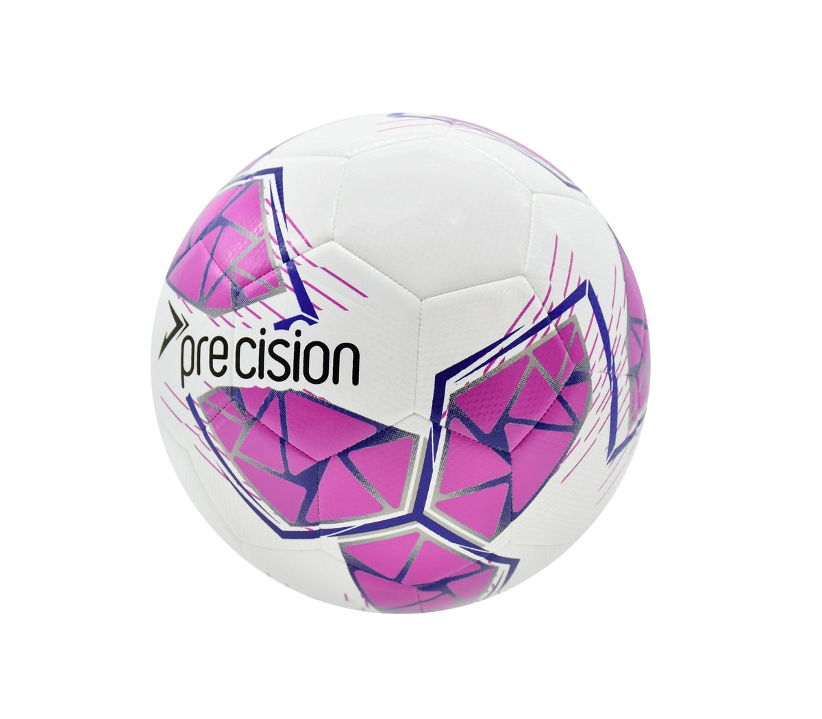 The Precision Fusion FIFA Basic Training Ball by Precision Training features a white, pink, purple, and grey geometric design with "precision" printed on the side, all set against a plain white background.