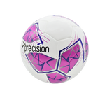 The Precision Fusion FIFA Basic Training Ball by Precision Training features a white, pink, purple, and grey geometric design with "precision" printed on the side, all set against a plain white background.