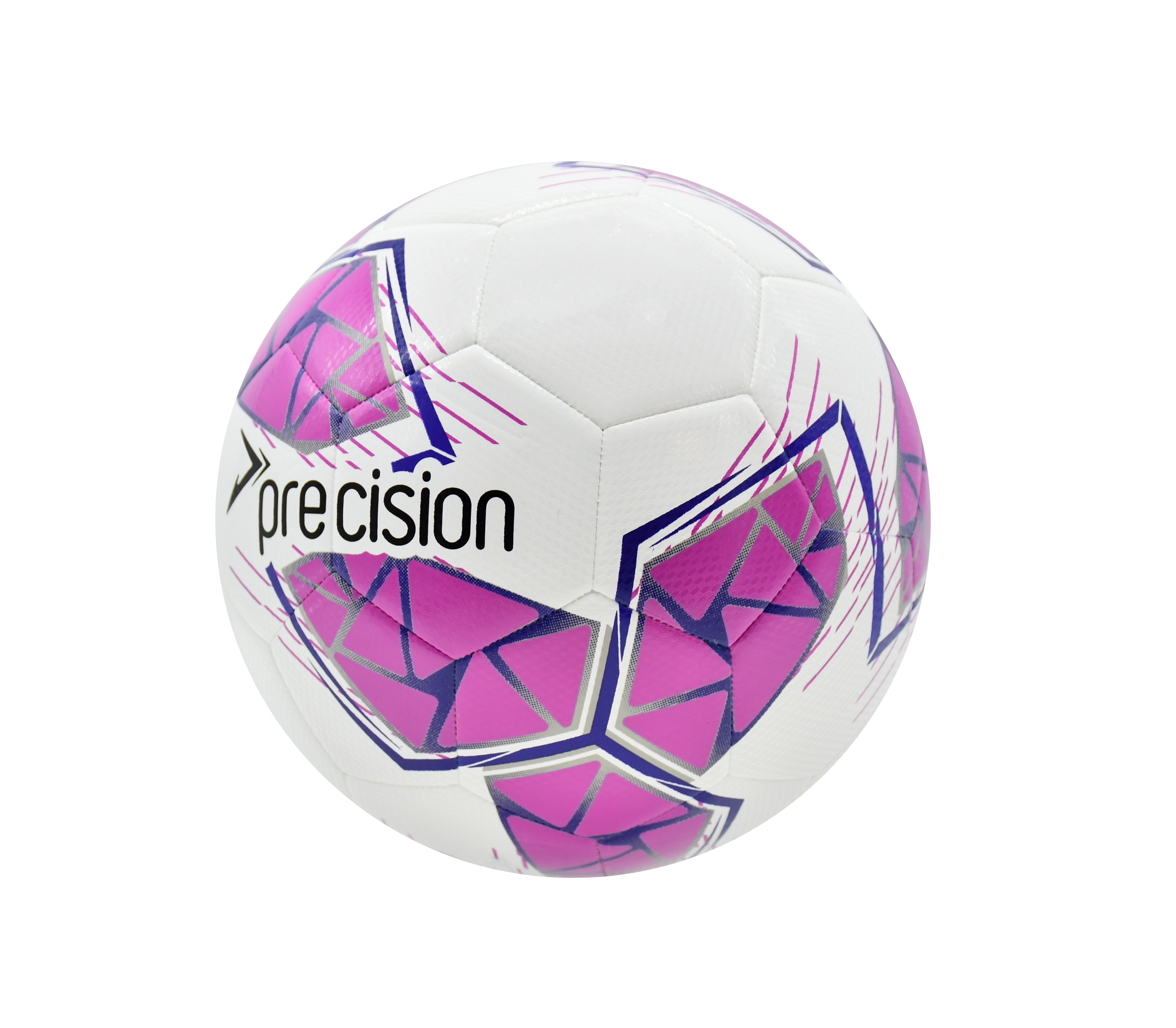 The Precision Fusion FIFA Basic Training Ball by Precision Training features a white, pink, purple, and grey geometric design with "precision" printed on the side, all set against a plain white background.