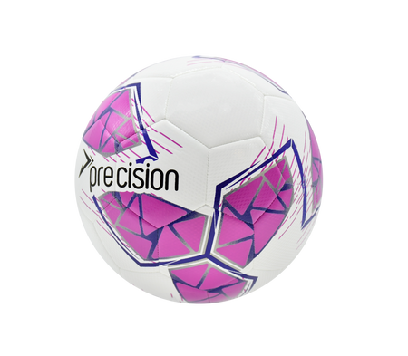 The Precision Fusion FIFA Basic Training Ball by Precision Training features a white, pink, purple, and grey geometric design with "precision" printed on the side, all set against a plain white background.