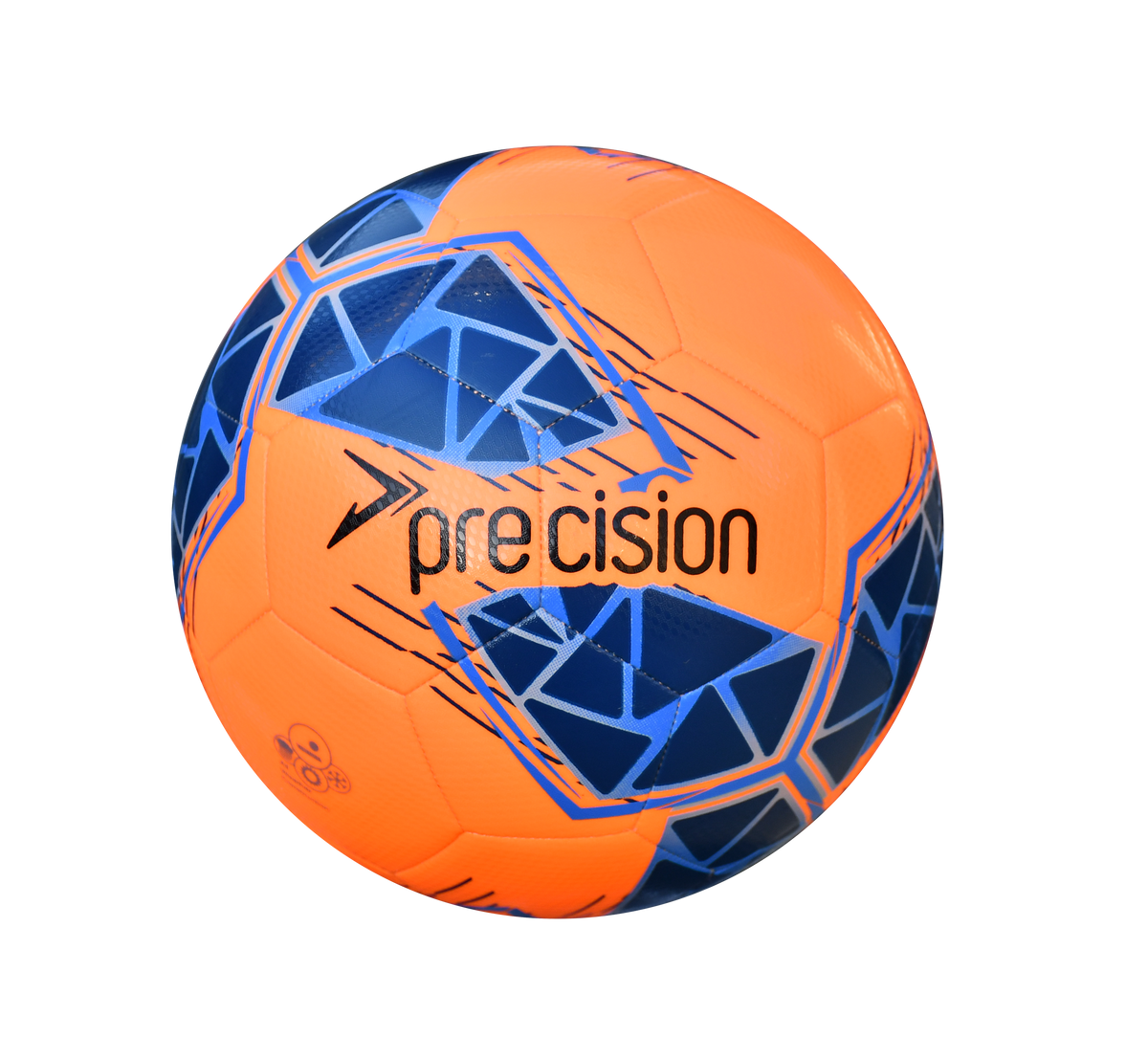 The Precision Fusion FIFA Basic Training Ball by Precision Training features a bright orange design with blue geometric patterns and "precision" printed in black on its textured TPU shell, displayed against a plain white background.