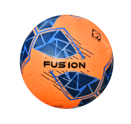 The Precision Training Fusion FIFA Basic Training Ball features an orange design with geometric blue patterns, a textured TPU outer shell, and "FUSION" printed in black. Perfect for training or as a FIFA Basic Match Ball. Plain white background.