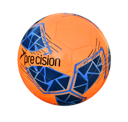 The Precision Fusion FIFA Basic Training Ball by Precision Training features a fluo orange, blue, royal, and grey design with a textured outer shell and "precision" printed in black.