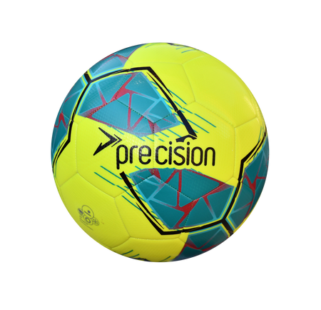 The Precision Fusion FIFA Basic Training Ball by Precision Training features yellow and teal geometric patterns, red accents, "Precision" in black, and a textured TPU outer shell for enhanced grip.