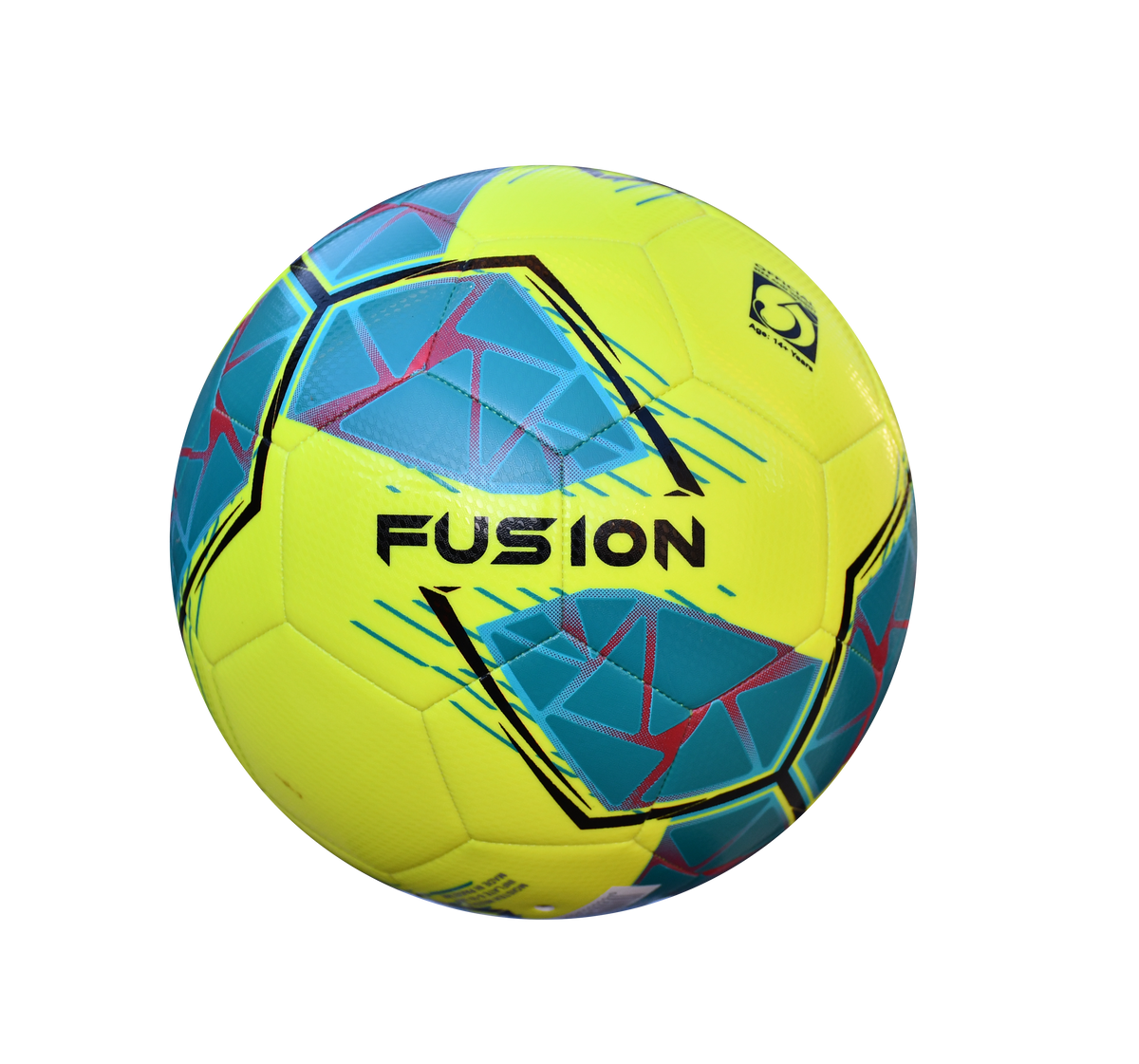 The Precision Fusion FIFA Basic Training Ball by Precision Training features a yellow design with blue and red geometric patterns, a textured TPU outer shell, and "FUSION" printed in black, shown on a plain white background.