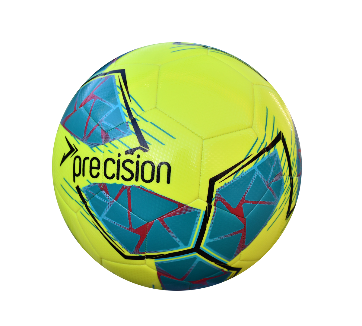 The Precision Fusion FIFA Basic Training Ball by Precision Training features a fluo yellow, teal, cyan, and red design with geometric patterns and a textured TPU outer shell, showcased against a plain white background.