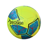 The Precision Fusion FIFA Basic Training Ball by Precision Training features a fluo yellow, teal, cyan, and red design with geometric patterns and a textured TPU outer shell, showcased against a plain white background.