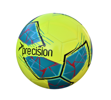 The Precision Fusion FIFA Basic Training Ball by Precision Training features a fluo yellow, teal, cyan, and red design with geometric patterns and a textured TPU outer shell, showcased against a plain white background.