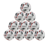 A pyramid-shaped stack of ten Precision Training Fusion+ FIFA Basic Training Balls with white, black, and red accents is arranged in four tiers against a white background.
