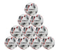A pyramid-shaped stack of ten Precision Training Fusion+ FIFA Basic Training Balls with white, black, and red accents is arranged in four tiers against a white background.