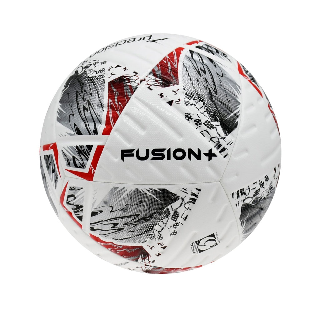 The Precision Fusion+ FIFA Basic Training Ball by Precision Training features a white, durable design with black and red abstract patterns and bold FUSION+ lettering—ideal for both training sessions and as a FIFA Match Ball.