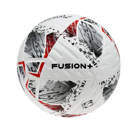 The Precision Fusion+ FIFA Basic Training Ball by Precision Training features a white, durable design with black and red abstract patterns and bold FUSION+ lettering—ideal for both training sessions and as a FIFA Match Ball.