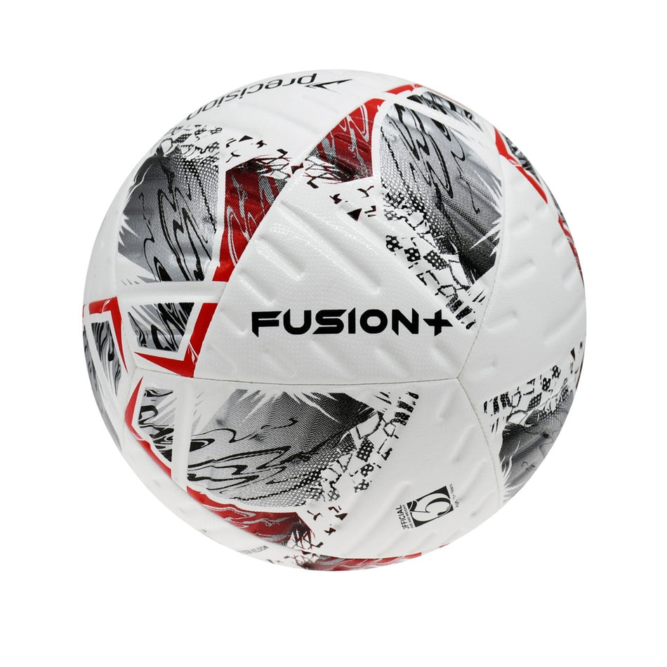 The Precision Fusion+ FIFA Basic Training Ball by Precision Training features a white, durable design with black and red abstract patterns and bold FUSION+ lettering—ideal for both training sessions and as a FIFA Match Ball.