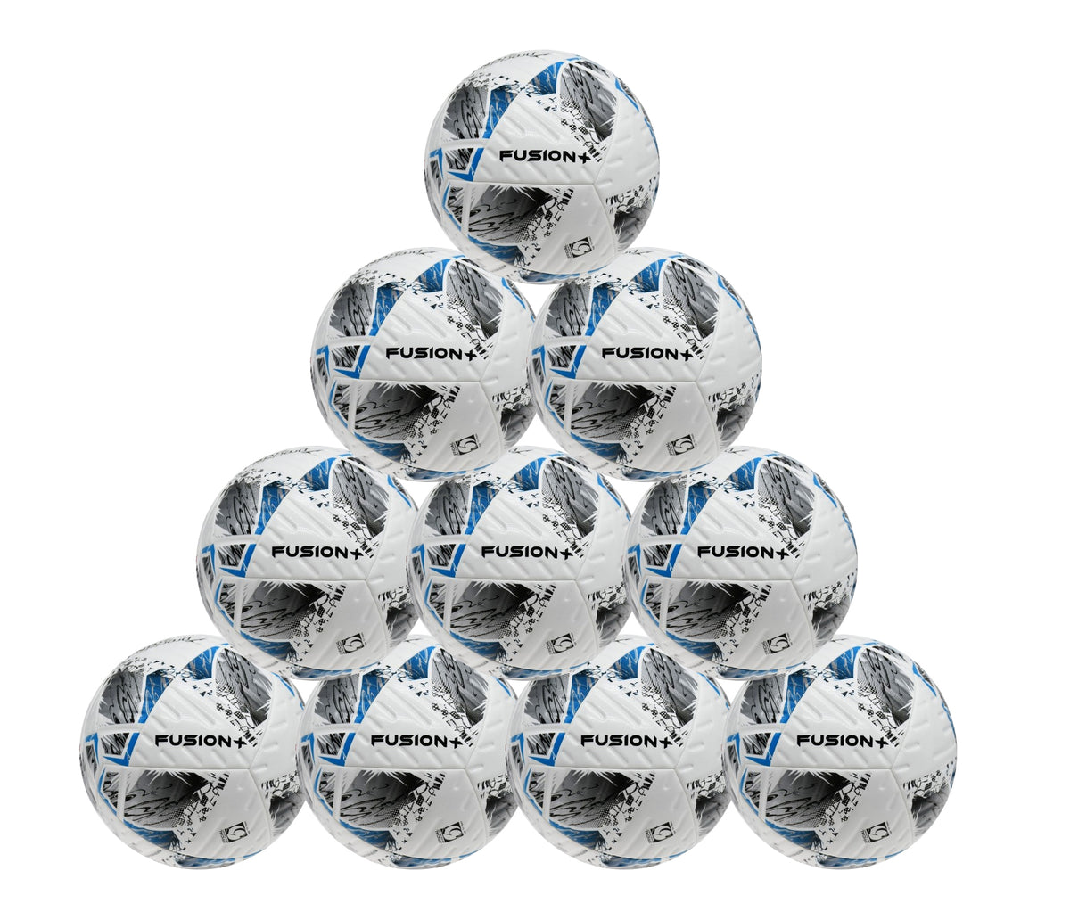 A ten-pack of Precision Fusion+ FIFA Basic Training Balls by Precision Training, featuring blue and black geometric designs—ideal as durable soccer balls for practice or as FIFA Basic Match Balls.