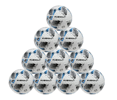 A ten-pack of Precision Fusion+ FIFA Basic Training Balls by Precision Training, featuring blue and black geometric designs—ideal as durable soccer balls for practice or as FIFA Basic Match Balls.