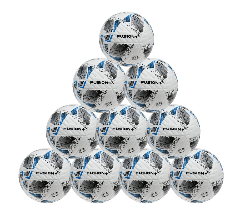 A ten-pack of Precision Fusion+ FIFA Basic Training Balls by Precision Training, featuring blue and black geometric designs—ideal as durable soccer balls for practice or as FIFA Basic Match Balls.