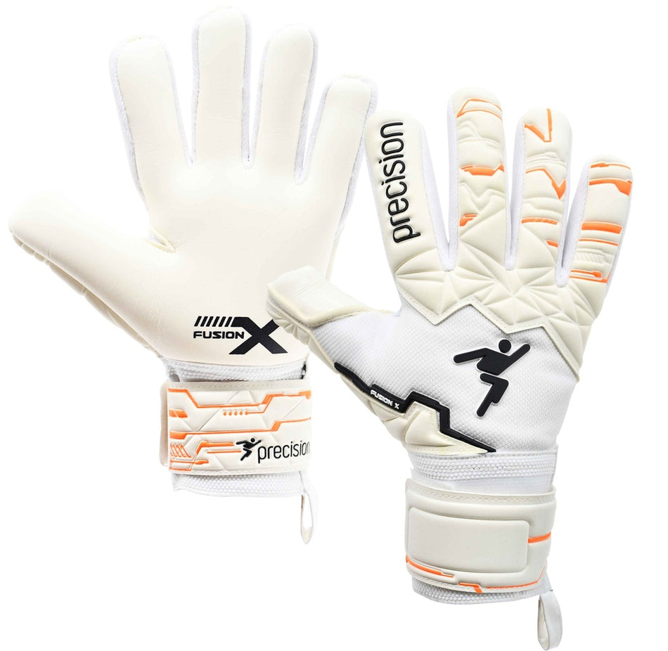 A pair of Precision Training Fusion X Pro Negative Contact Duo GK Gloves in white with orange accents and black text, featuring Precision and Fusion X logos. One glove displays the palm with Duo Grip Technology; the other shows a goalie icon.