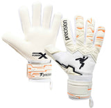 The Precision Training Junior Fusion X Pro Negative Contact Duo GK Gloves are white with orange and black accents, feature Duo Grip Technology, padded fingers and palms, adjustable wrist straps, and a small soccer player icon.