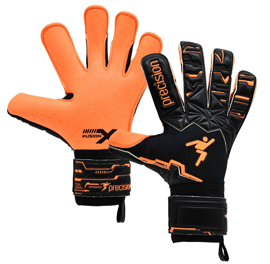 A pair of Precision Training Junior Fusion X Pro Surround Quartz GK Gloves: one shows the orange palm, the other displays the black and orange backhand, both with FUSION X branding and secure wrist straps.