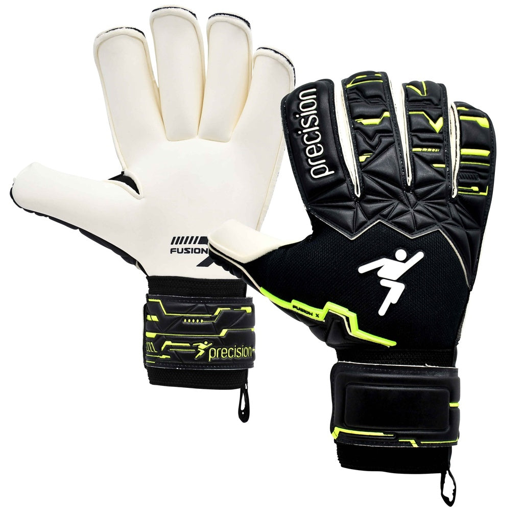 A pair of Precision Training Fusion X Pro Roll Finger Giga GK Gloves in black and white with neon yellow accents—one shows the palm, the other the back, both featuring bold goalkeeper icons and stylish branding.