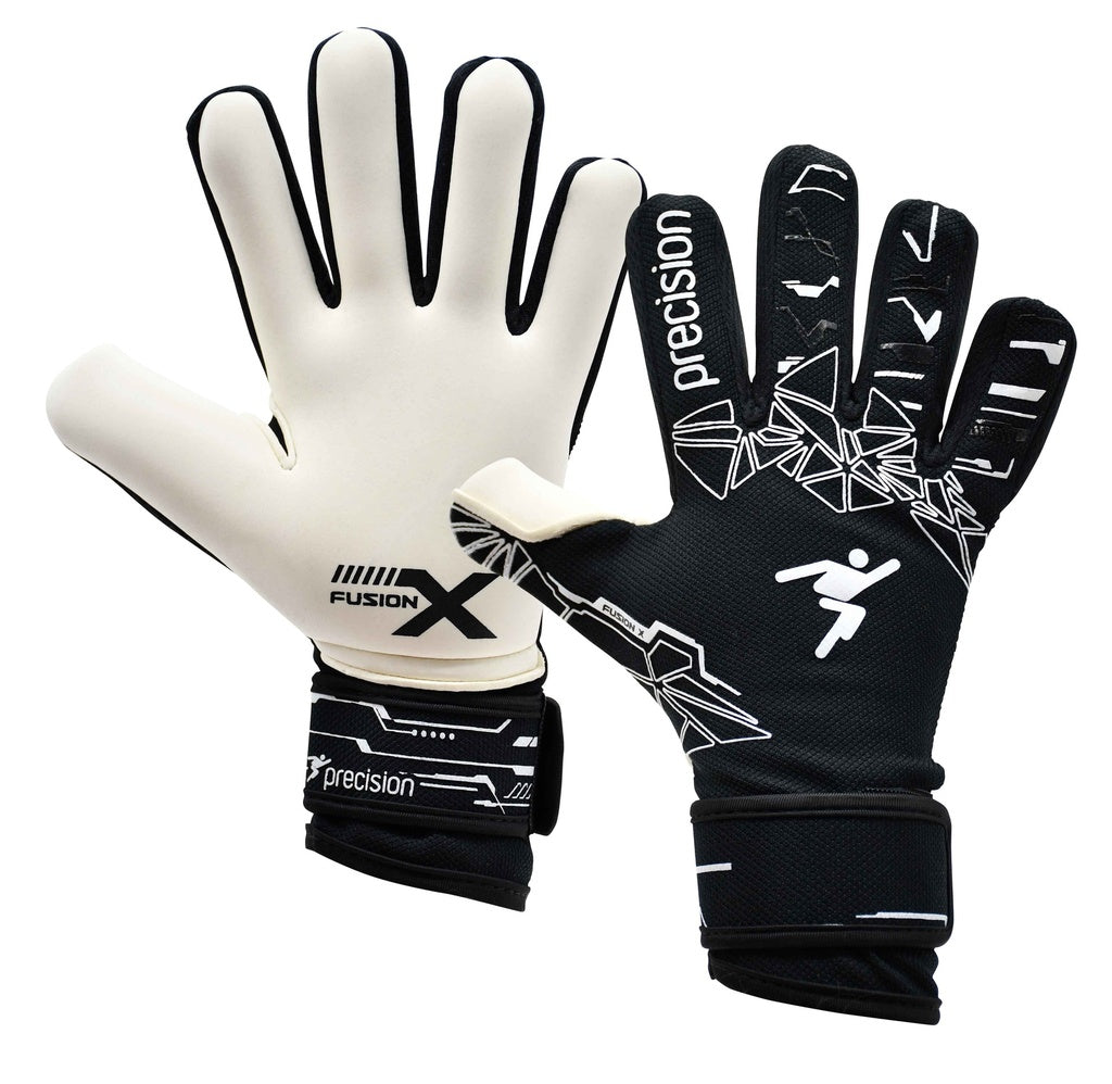 A pair of Precision Training Fusion X Pro Lite Giga GK Gloves—one glove displays the white grip palm, the other shows a geometric backhand with a goalkeeper icon—designed for top professional performance.