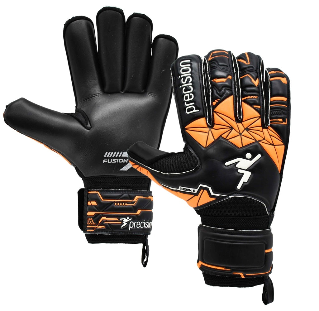 A pair of Precision Training Junior Fusion X Roll Finger Protect GK Gloves, black and orange with geometric patterns, branding, finger protection, and adjustable wrist straps—one glove palm up, the other palm down.