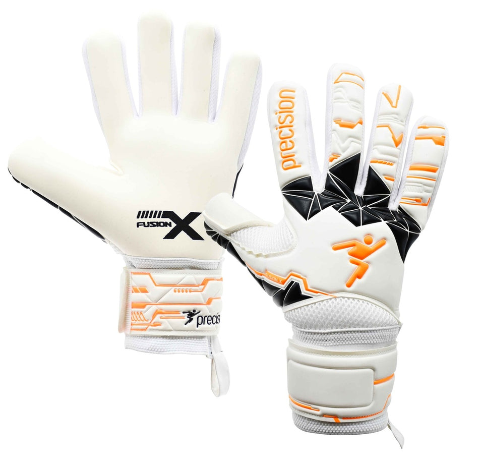 A pair of Precision Training Junior Fusion X Negative Replica GK Gloves, one showing the palm and the other the back, white with black and orange geometric accents, Precision branding, and textured wrist straps for secure fit.