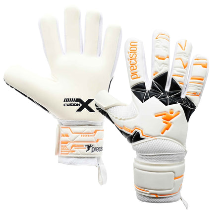 A pair of Precision Training Precision Fusion X Negative Replica GK Gloves in white with orange and black accents—one glove shows the FUSION X palm branding, the other displays geometric backhand designs and "precision" text.