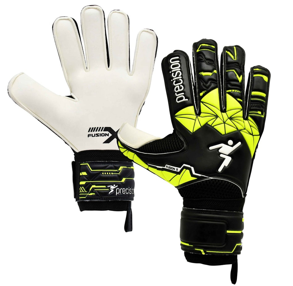 A pair of Precision Training Fusion X Flat Cut Finger Protect GK Gloves, featuring a white palm and a black back with neon yellow geometric patterns and “precision” branding, designed for excellent grip and finger protection.