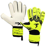 A pair of Precision Training Fusion X Flat Cut Essential GK Gloves in neon yellow and black with geometric patterns and logo branding—ideal for goalkeeping enthusiasts, shown with one palm up and the other showing the backhand.