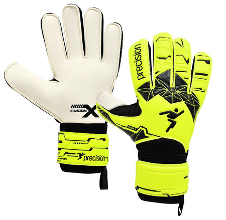 A pair of Precision Training Fusion X Flat Cut Essential GK Gloves in neon yellow and black with geometric patterns and logo branding—ideal for goalkeeping enthusiasts, shown with one palm up and the other showing the backhand.