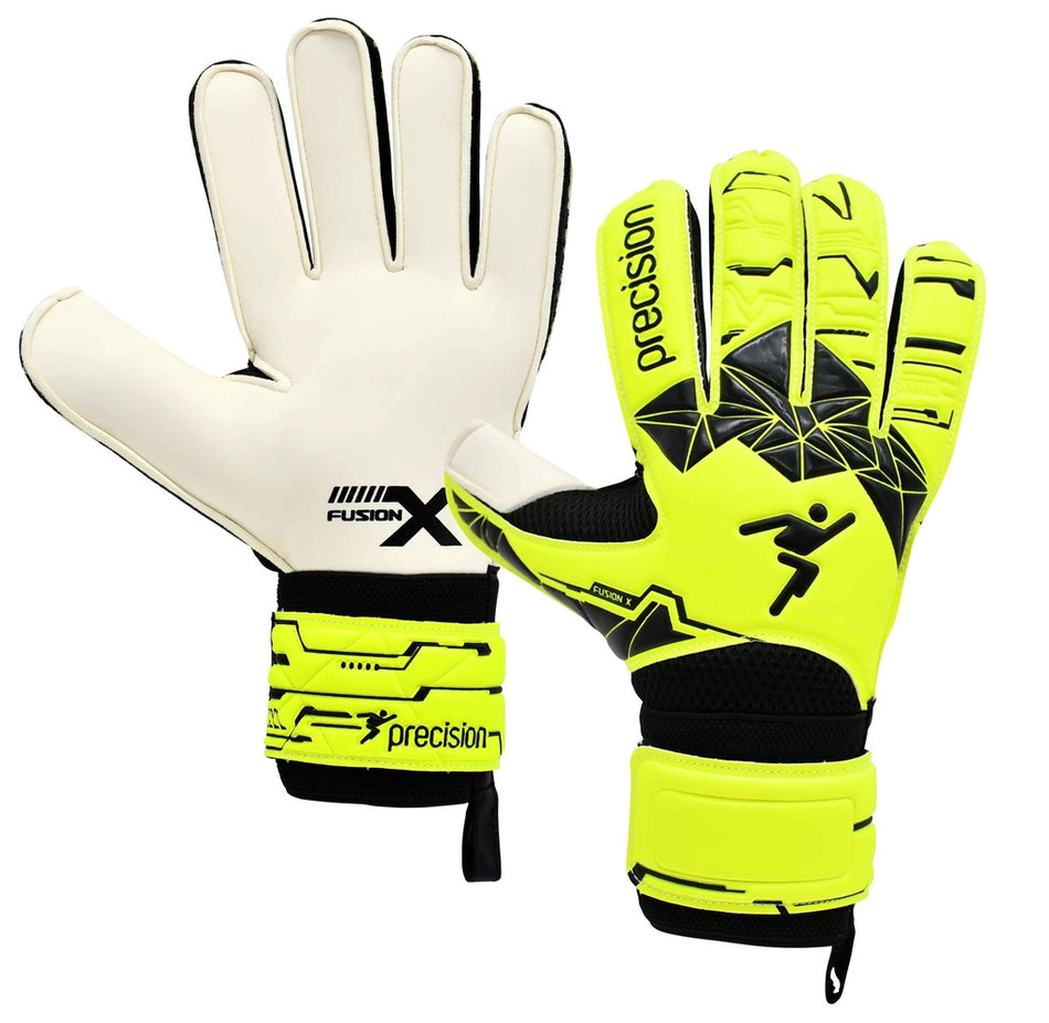 Precision Training's Junior Fusion X Flat Cut Essential GK Gloves feature a white palm and a yellow-black backhand with FUSION X branding, geometric patterns, and adjustable wrist straps for optimal fit.