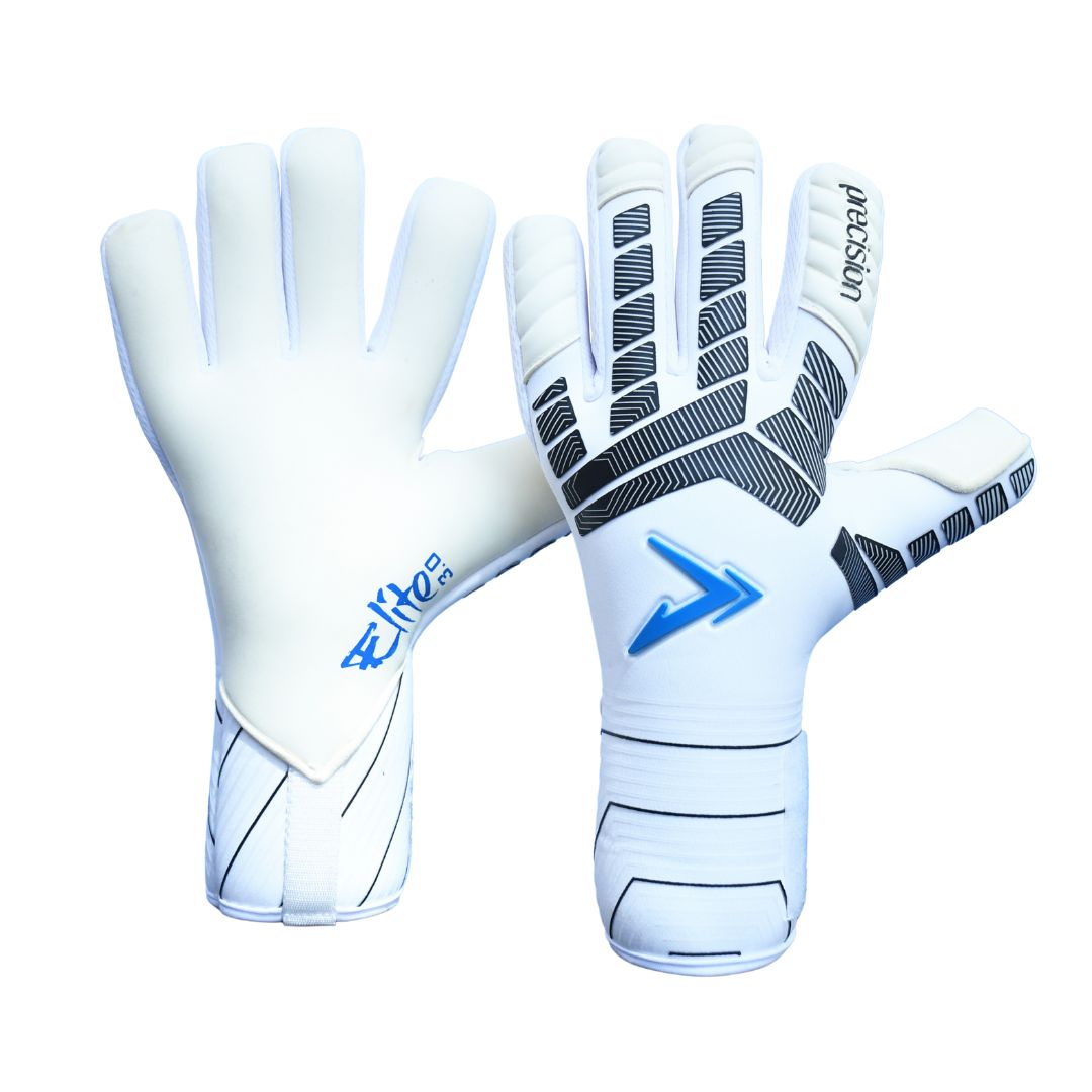 The Martin Berrill Sports Precision Elite 3.0 Contact Goalkeeper Gloves are shown in white with black and blue accents, "precision" and an arrow on the palm—one glove displays its grip, the other its back.