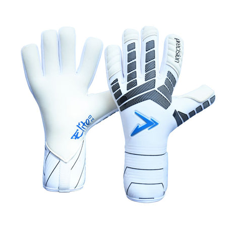 The Martin Berrill Sports Precision Elite 3.0 Contact Goalkeeper Gloves are shown in white with black and blue accents, "precision" and an arrow on the palm—one glove displays its grip, the other its back.