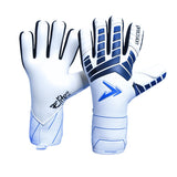 The Precision Training Elite 3.0 Giga Goalkeeper Gloves are shown in white and blue with black accents; one glove displays the elite grip palm, while the other reveals the backhand and wrist strap design.