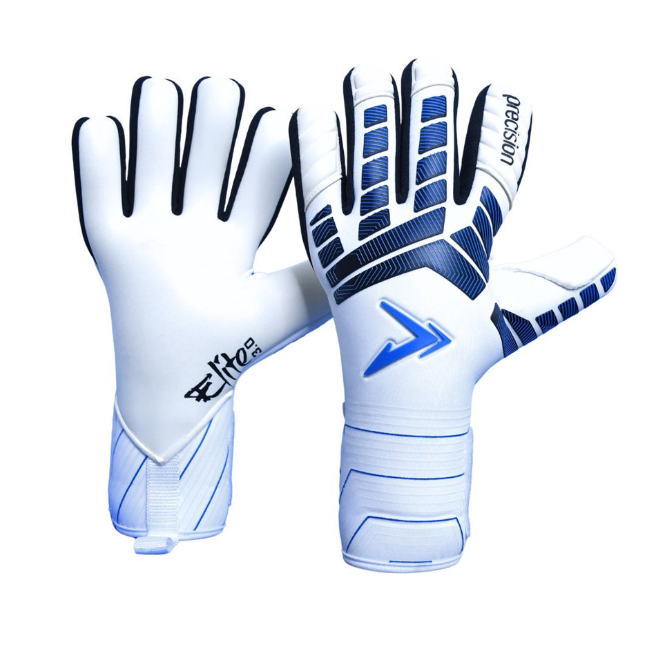 A pair of Precision Elite 3.0 Giga Goalkeeper Gloves by Precision Training in white and blue with black accents, "precision" branding, a stylized arrow logo, elite grip tech, showing one palm and one backhand.