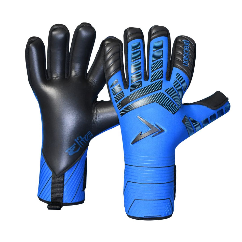 Precision Training’s Elite 3.0 Grip Goalkeeper Gloves in blue and black feature elite grip and secure wrist straps; shown upright with palm and back views—ideal for top performance.