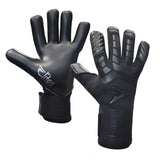 The Precision Training Elite 3.0 Blackout Contact Goalkeeper Gloves showcase a logoed palm and a textured backhand with maximum grip patterns plus a secure wrist strap for elite performance.