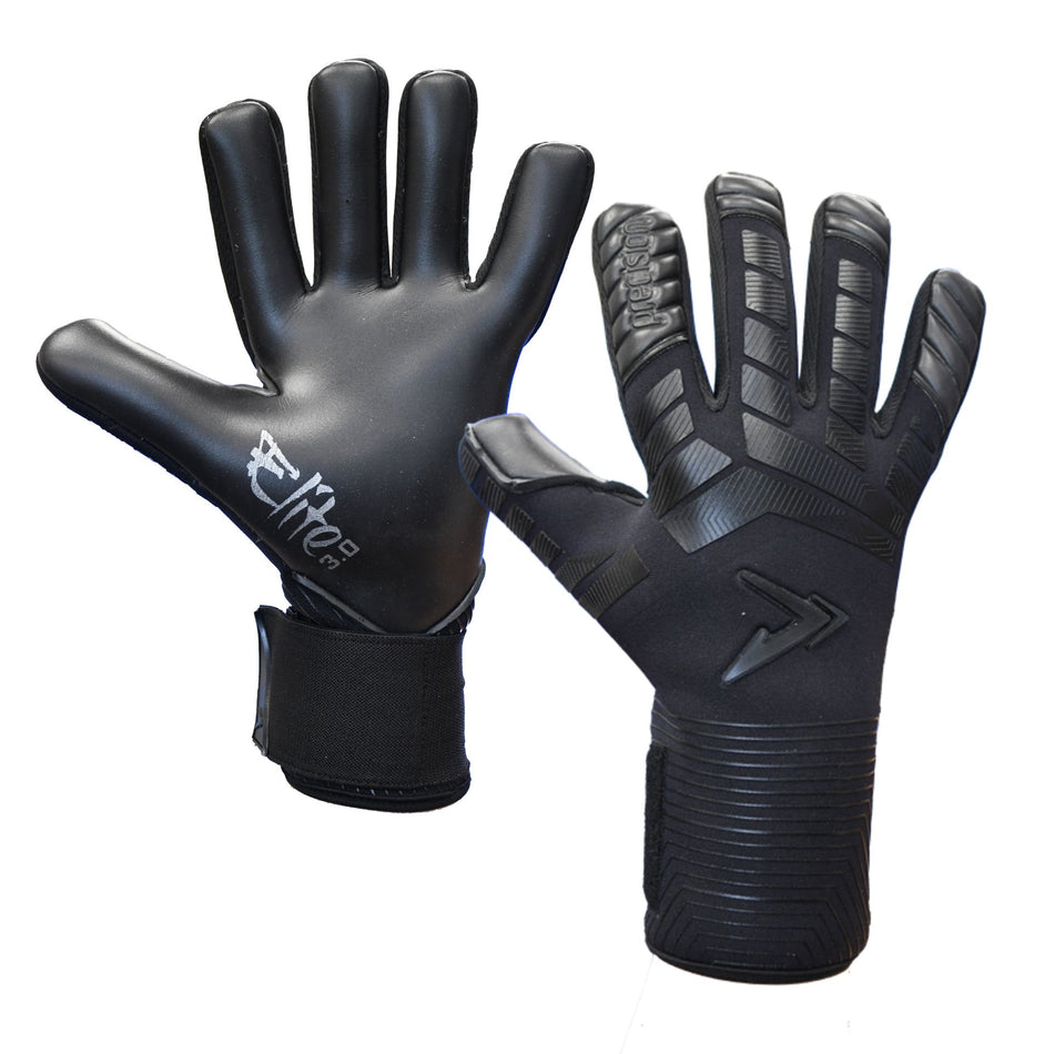 The Precision Training Elite 3.0 Blackout Contact Goalkeeper Gloves showcase a logoed palm and a textured backhand with maximum grip patterns plus a secure wrist strap for elite performance.