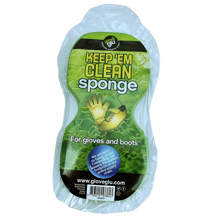 The GloveGlu Keep 'Em Clean Sponge, packaged in green with glove and boot images, is designed by GloveGlu for cleaning gloves and boots efficiently; packaging includes product info and website details.
